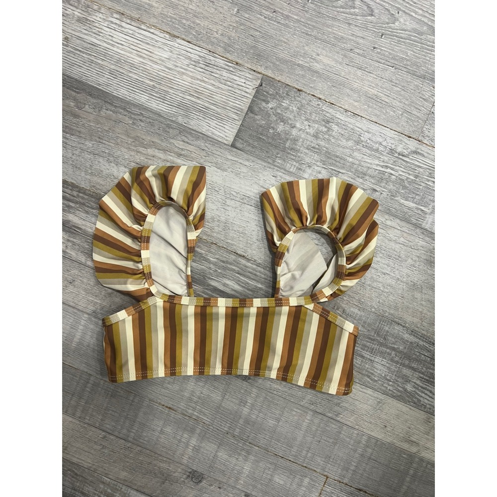 Rylee + Cru Kids Striped Ruffle Bikini Swim Top Brown Mustard 6-7Y
